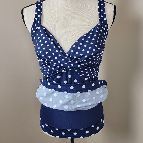 Lands' End Deep Sea Polka Dot V-Neck Wrap Underwire Tankini Swim Top Sz 8 - Picture 4 of 16